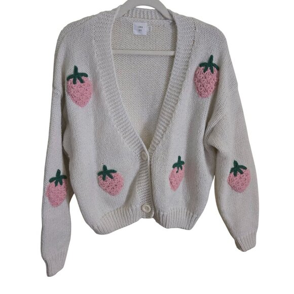 Luna Ivy Cream Pink Strawberry Crochet Fruit Novelty Cardigan Sweater Size M - Picture 2 of 8